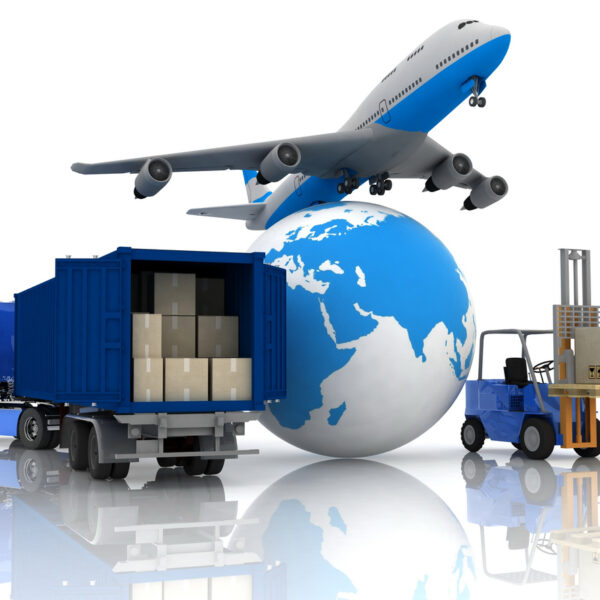 airliner with a globe and autoloader with boxes in a container